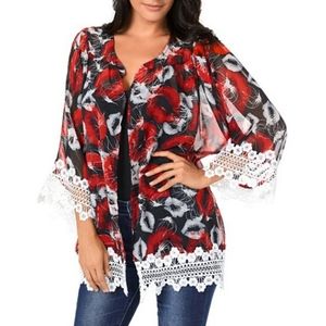 Dymade Chiffon Kimono Open Front Lips Print Red Black White Lace XL 1X NWOT